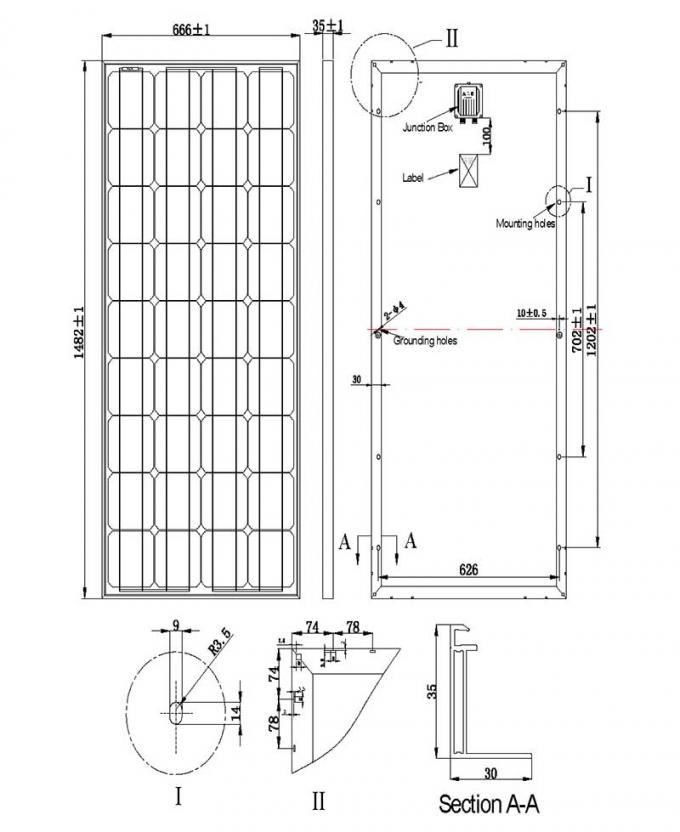 160W-165W-170W-18V小さい太陽電池パネル アセンブリ サイズの図表